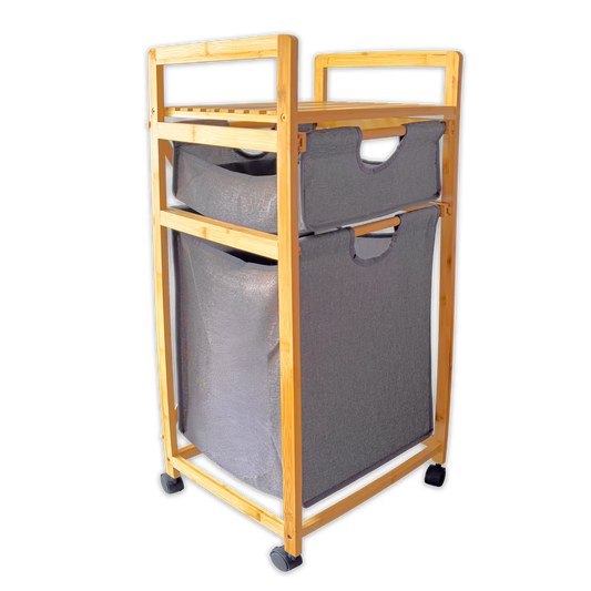 Mueble Organizador Premium en Bambú - 2 Cestas Extraíbles - Estante Superior y Rodachines| para Baño y Lavandería