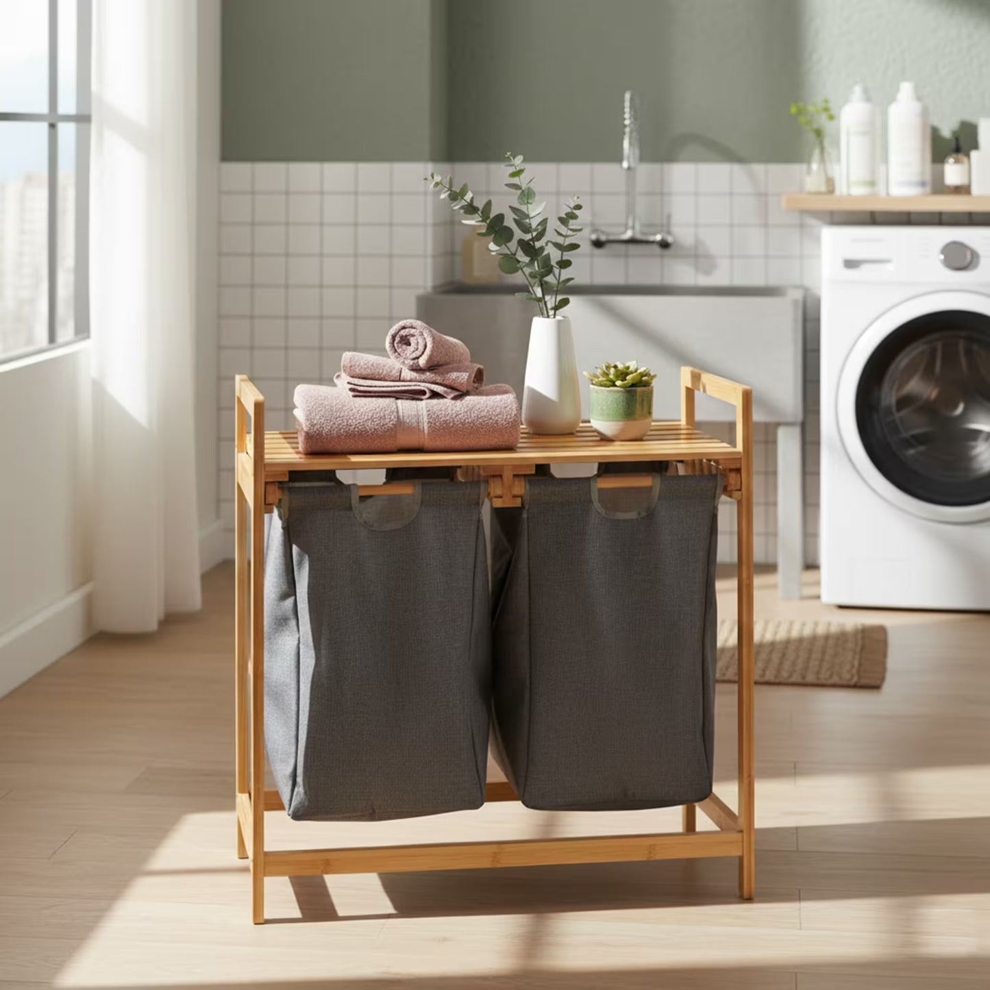 Organizador Premium en Bambú - 2 Cestas Extraíbles y Estante Superior.