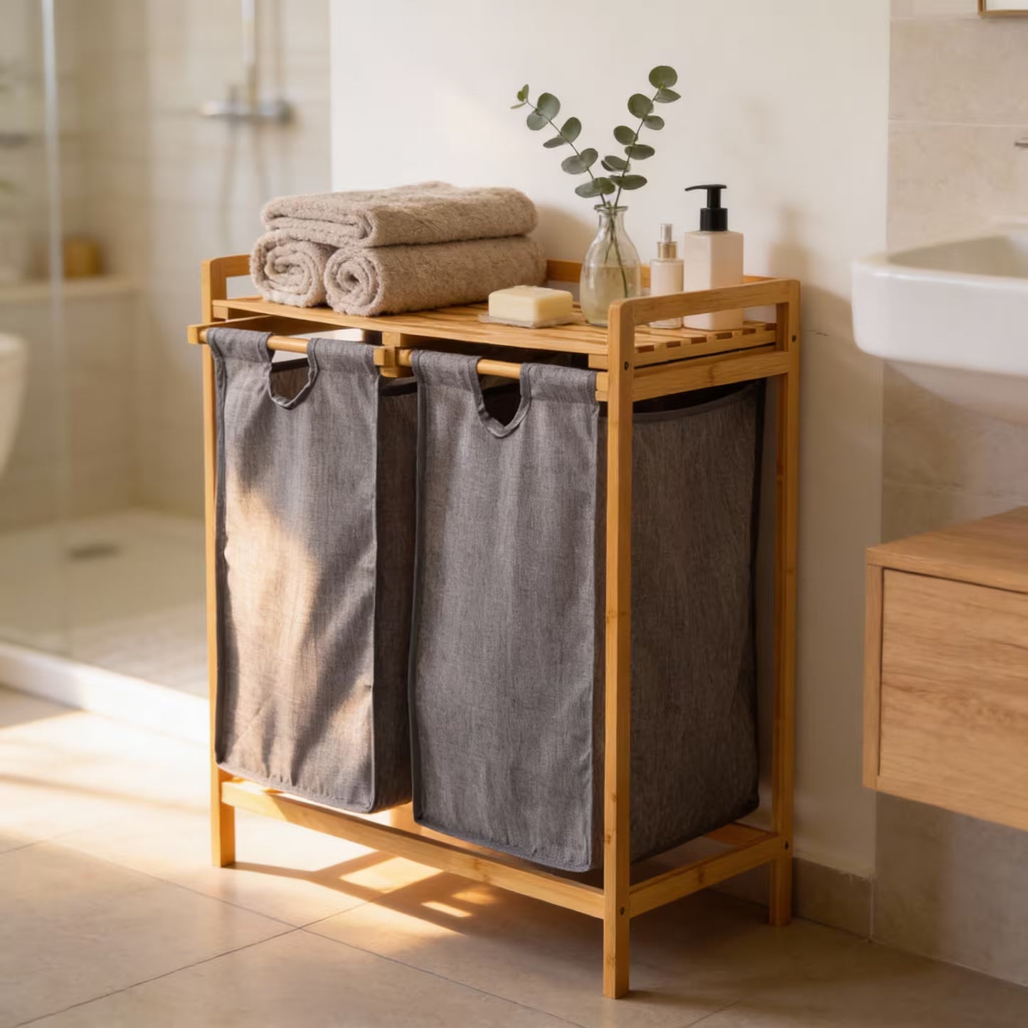 Organizador Premium en Bambú - 2 Cestas Extraíbles y Estante Superior.