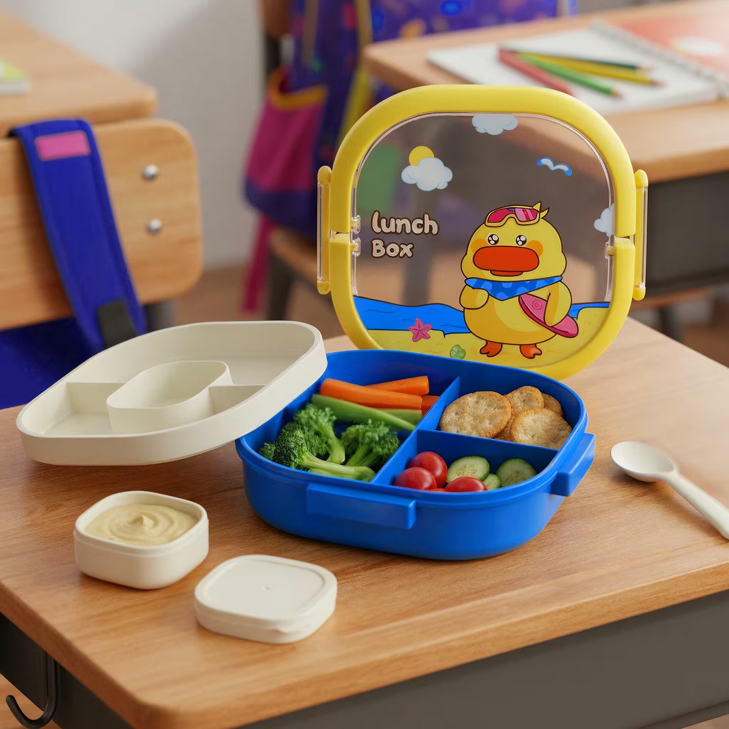 Lonchera Diseño Conejo y Pato en Acrílico - 3 Compartimentos con Cubiertos Incluidos