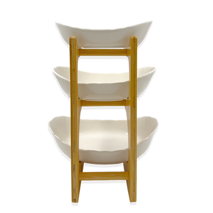 Frutero de Cerámica Blanco con Base de Bambú - 3 Niveles