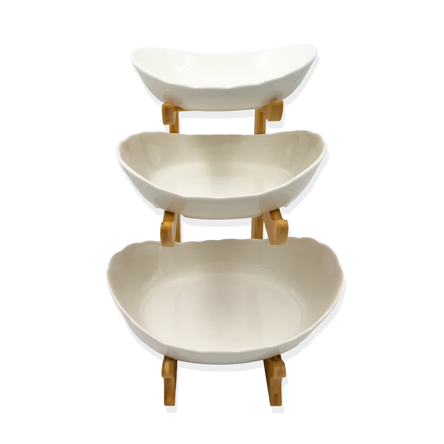 Frutero de Cerámica Blanco con Base de Bambú - 3 Niveles