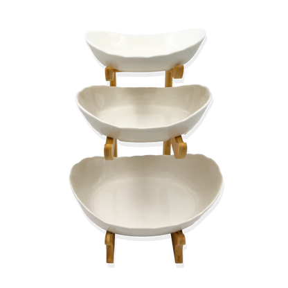 Frutero de Cerámica Blanco con Base de Bambú - 3 Niveles