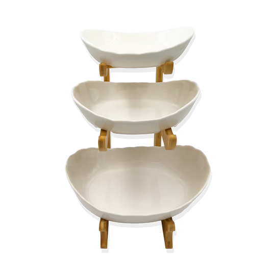 Frutero de Cerámica Blanco con Base de Bambú - 3 Niveles