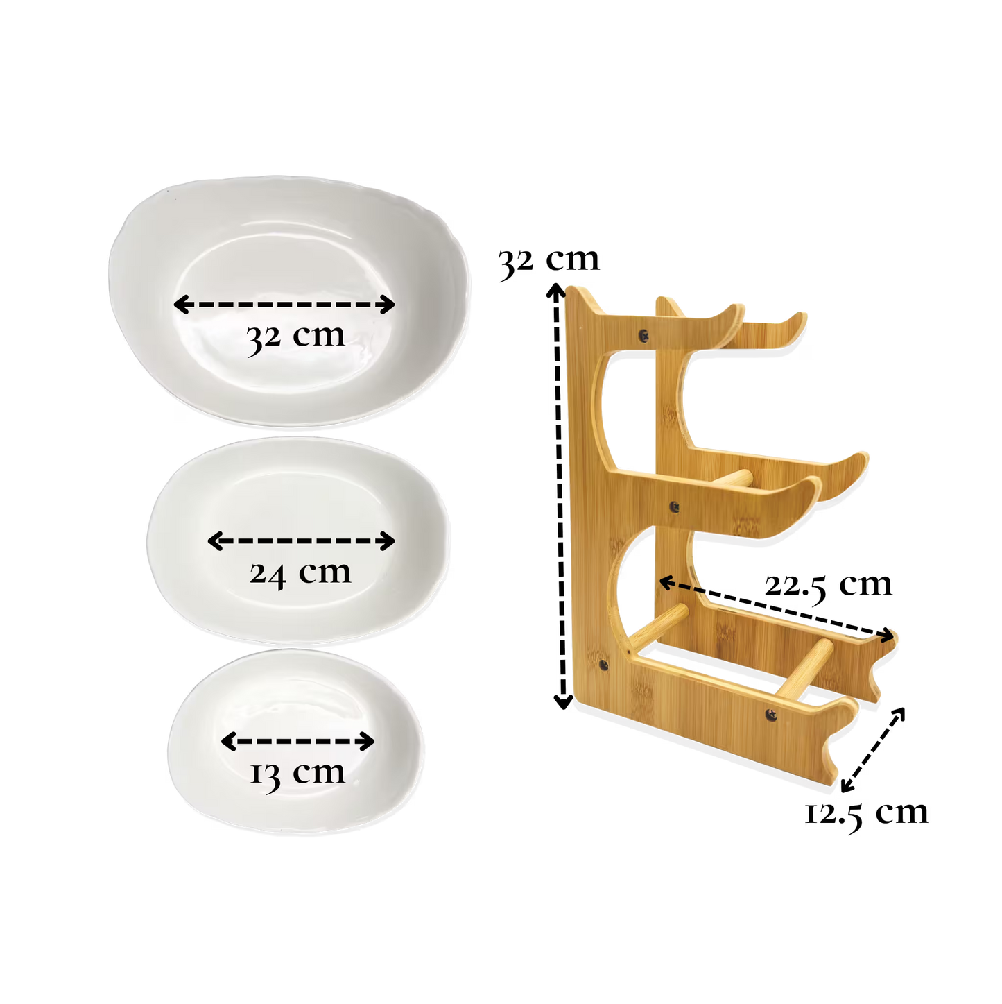 Frutero de Cerámica Blanco con Base de Bambú - 3 Niveles