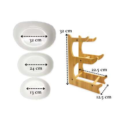 Frutero de Cerámica Blanco con Base de Bambú - 3 Niveles