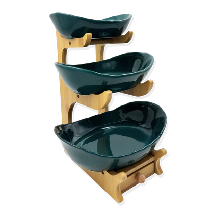 Frutero de Cerámica Verde con Base de Bambú y Cajón - 3 Niveles Premium
