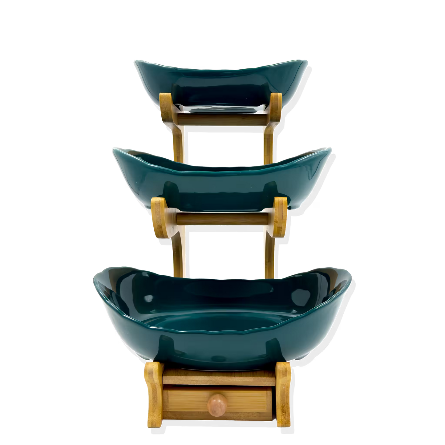 Frutero de Cerámica Verde con Base de Bambú y Cajón - 3 Niveles Premium