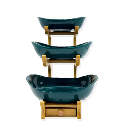 Frutero de Cerámica Verde con Base de Bambú y Cajón - 3 Niveles Premium