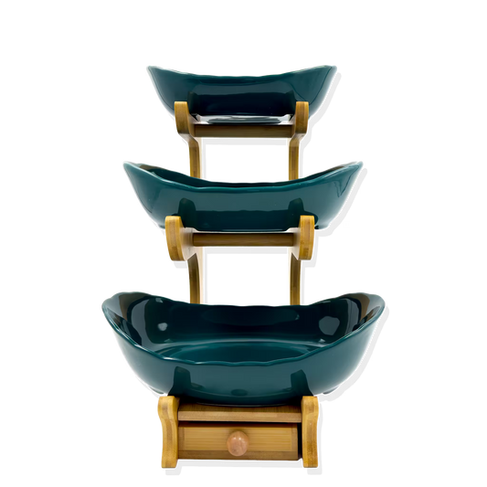 Frutero de Cerámica Verde con Base de Bambú y Cajón - 3 Niveles Premium