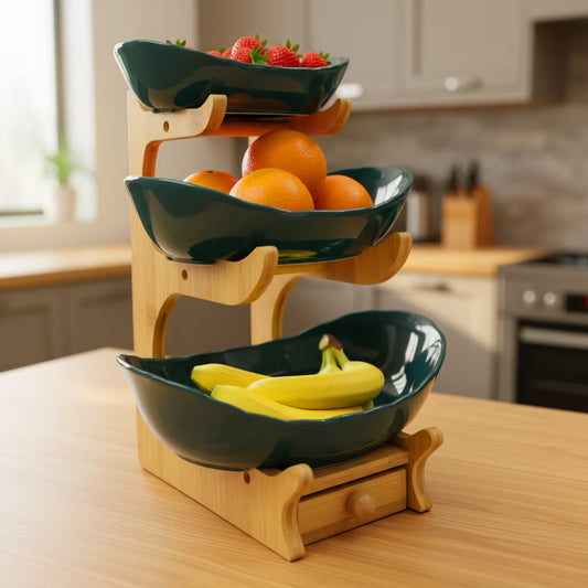Frutero de Cerámica Verde con Base de Bambú y Cajón - 3 Niveles Premium