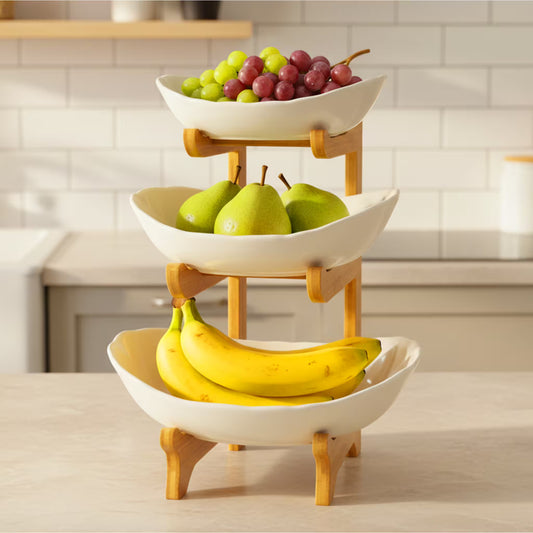 Frutero de Cerámica Blanco con Base de Bambú - 3 Niveles