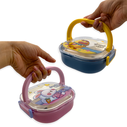 Lonchera Diseño Conejo y Pato en Acrílico - 3 Compartimentos con Cubiertos Incluidos