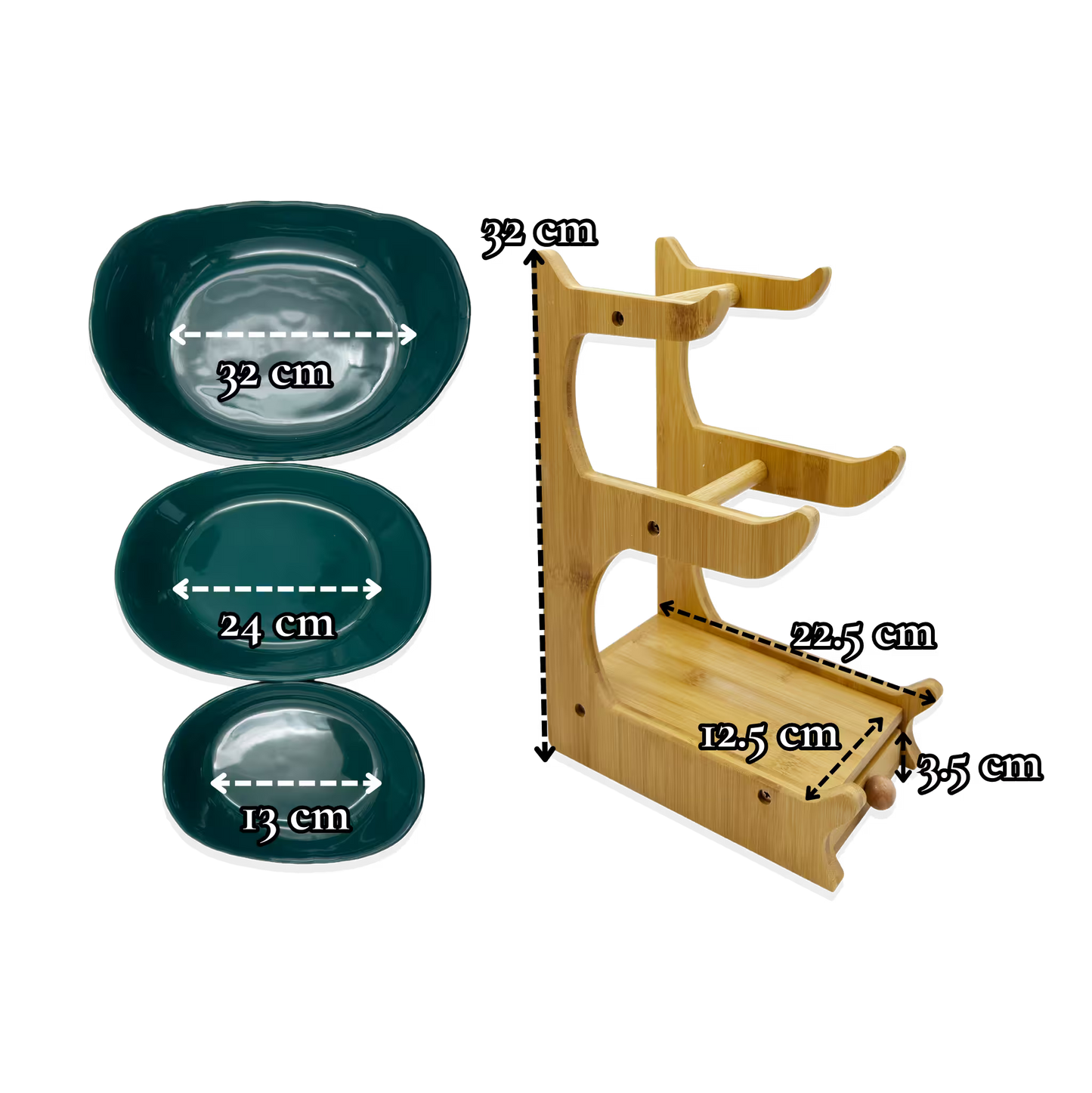 Frutero de Cerámica Verde con Base de Bambú y Cajón - 3 Niveles Premium