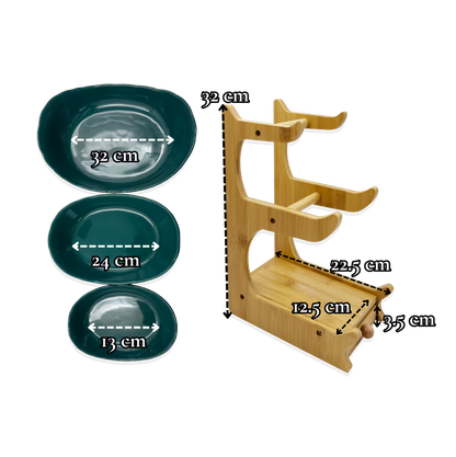 Frutero de Cerámica Verde con Base de Bambú y Cajón - 3 Niveles Premium