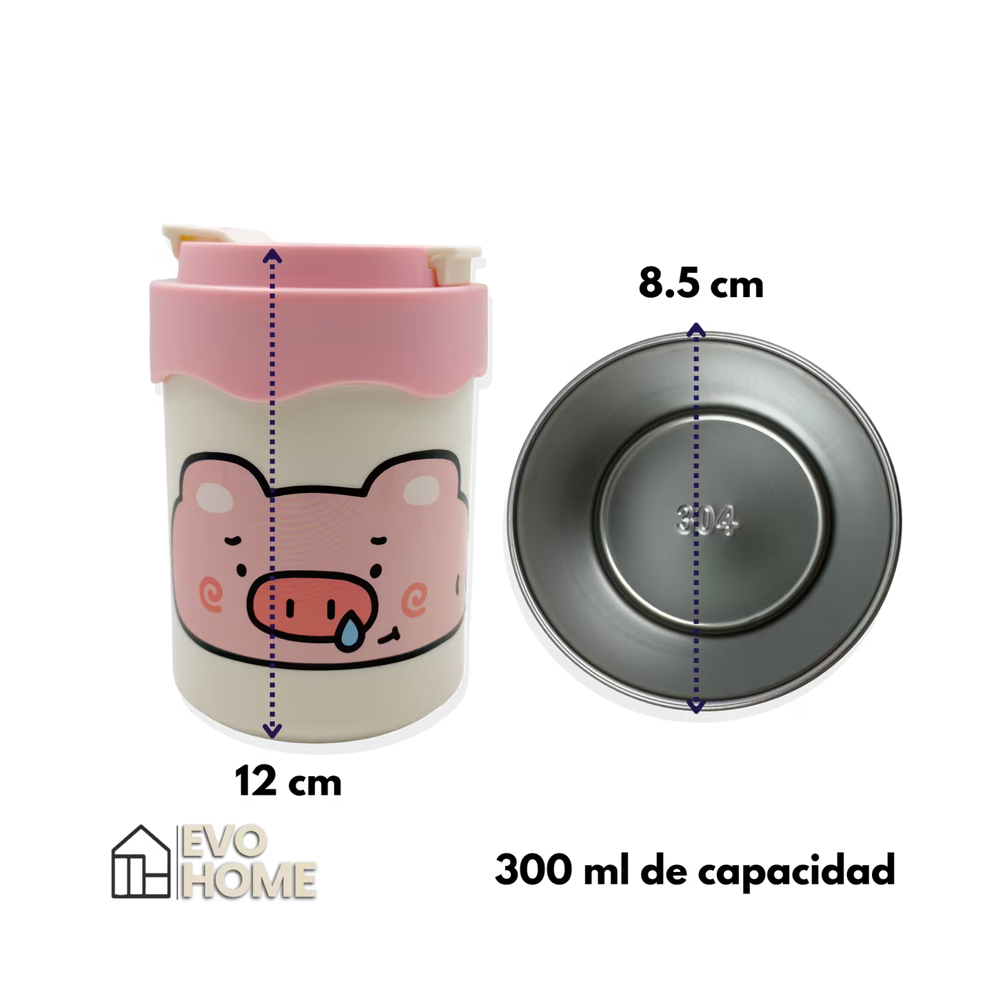 Termo con Diseño de Cerdito 300ml - Doble Función Pitillo y Directo