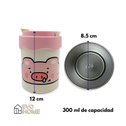 Termo con Diseño de Cerdito 300ml - Doble Función Pitillo y Directo