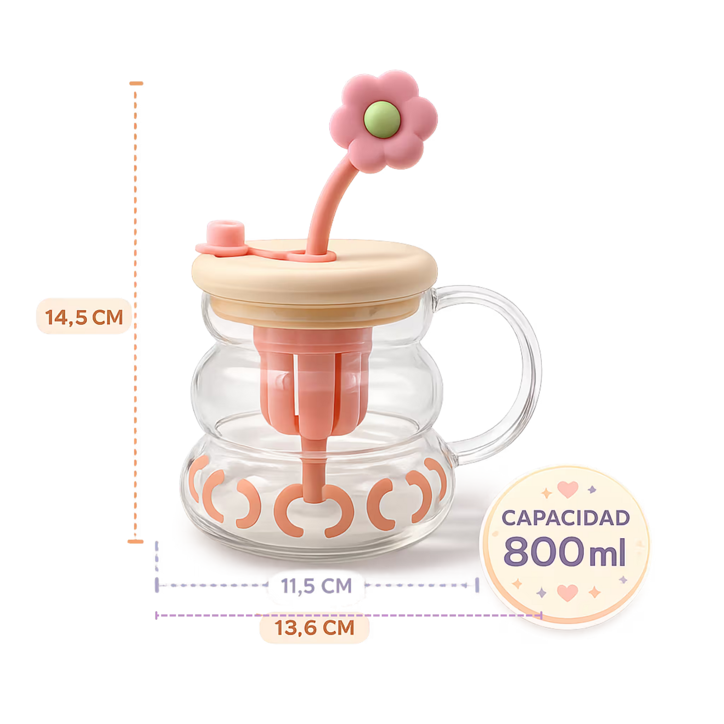 Vaso de Vidrio XL 800ml con Infusor, Tapa y Pitillo - Vidrio Reforzado