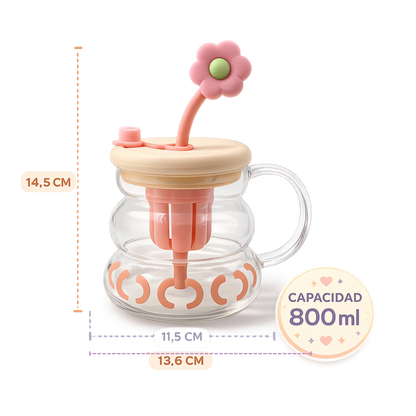 Vaso de Vidrio XL 800ml con Infusor, Tapa y Pitillo - Vidrio Reforzado