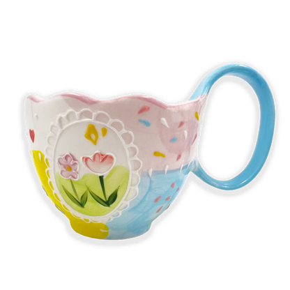 Mug Grande de Porcelana Pintada a Mano | Capacidad 500ml FLORES Y CORAZONES