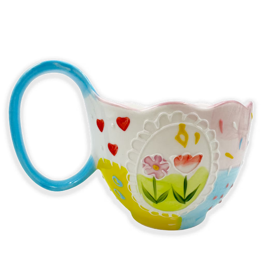 Mug Grande de Porcelana Pintada a Mano | Capacidad 500ml FLORES Y CORAZONES