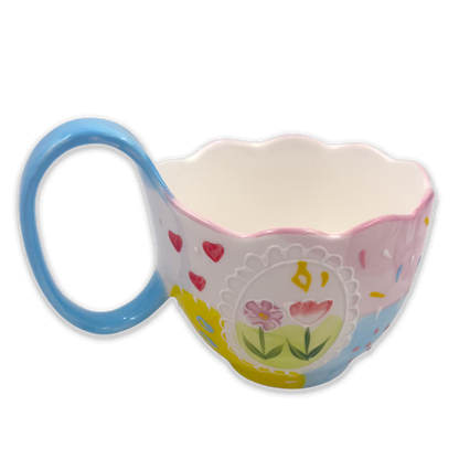 Mug Grande de Porcelana Pintada a Mano | Capacidad 500ml FLORES Y CORAZONES
