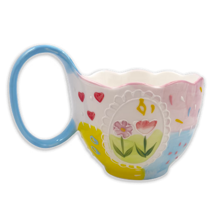 Mug Grande de Porcelana Pintada a Mano | Capacidad 500ml FLORES Y CORAZONES