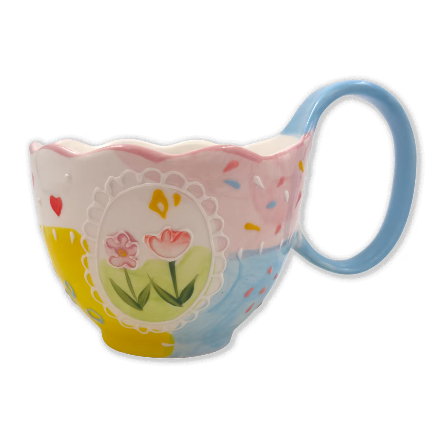 Mug Grande de Porcelana Pintada a Mano | Capacidad 500ml FLORES Y CORAZONES