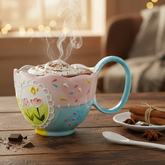 Mug Grande de Porcelana Pintada a Mano | Capacidad 500ml FLORES Y CORAZONES