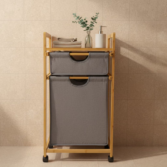 Mueble Organizador Premium en Bambú - 2 Cestas Extraíbles - Estante Superior y Rodachines| para Baño y Lavandería