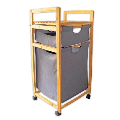 Mueble Organizador Premium en Bambú - 2 Cestas Extraíbles - Estante Superior y Rodachines| para Baño y Lavandería