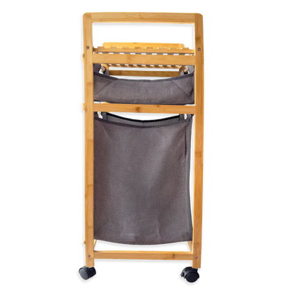 Mueble Organizador Premium en Bambú - 2 Cestas Extraíbles - Estante Superior y Rodachines| para Baño y Lavandería