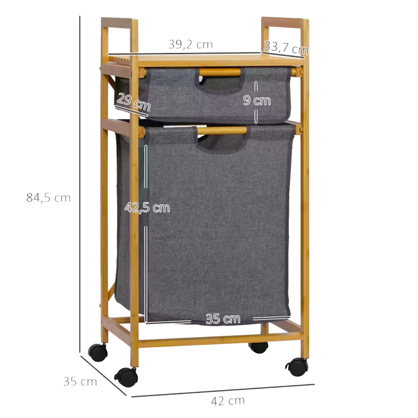 Mueble Organizador Premium en Bambú - 2 Cestas Extraíbles - Estante Superior y Rodachines| para Baño y Lavandería