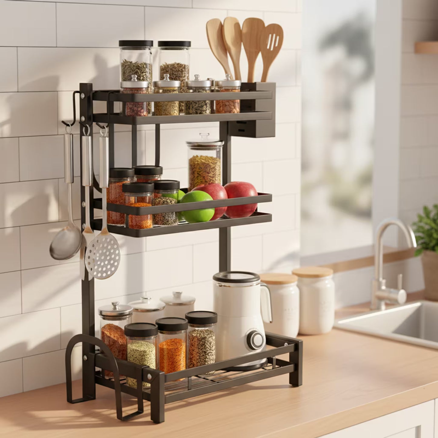 Organizador Multifuncional de Cocina - 3 Niveles con Ganchos