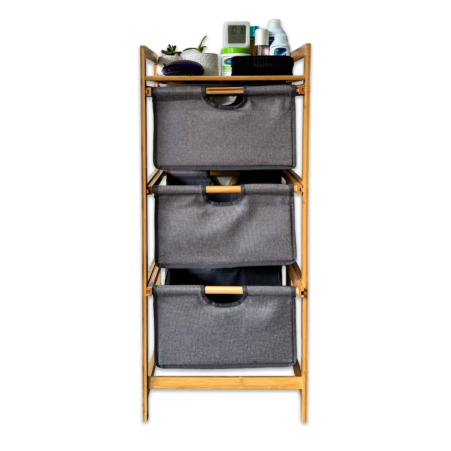 Mueble Organizador Premium en Bambú - 3 Niveles con Cestas Extraíbles y Estante Superior