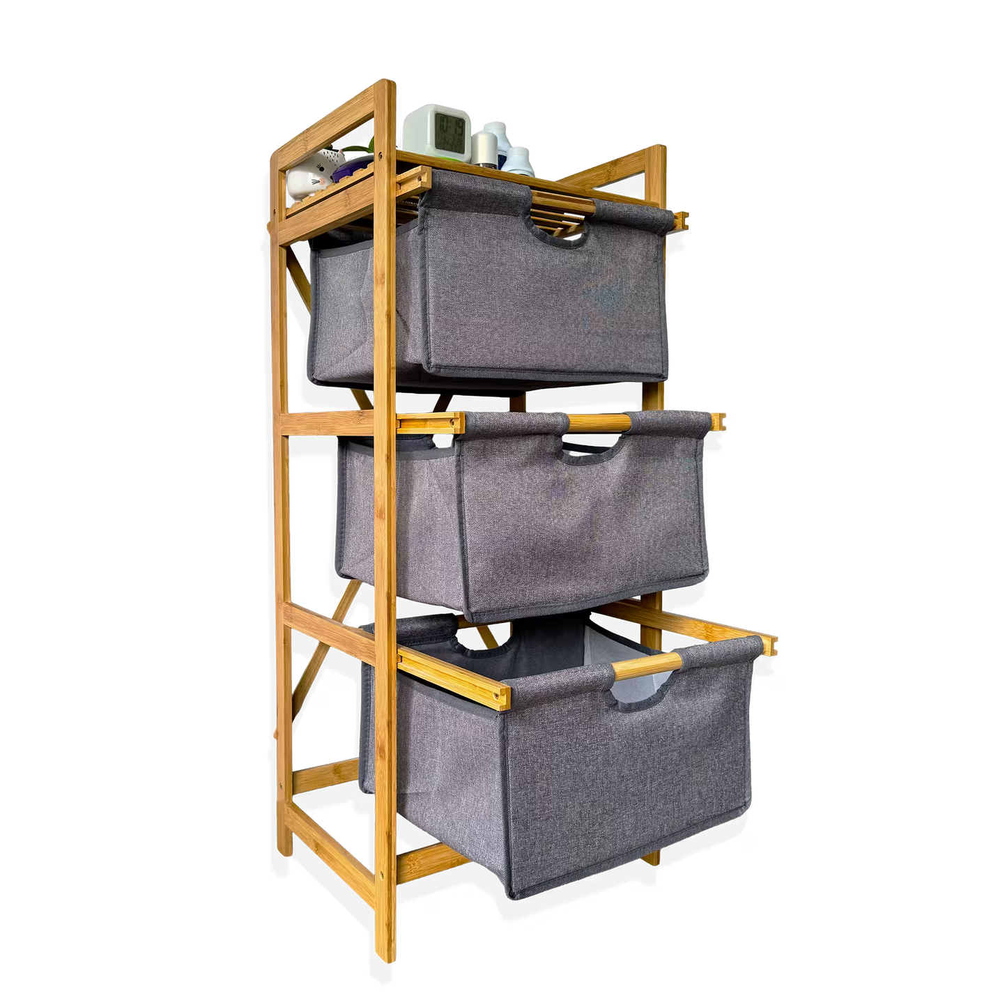 Mueble Organizador Premium en Bambú - 3 Niveles con Cestas Extraíbles y Estante Superior