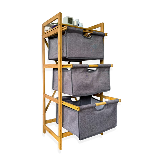 Mueble Organizador Premium en Bambú - 3 Niveles con Cestas Extraíbles y Estante Superior