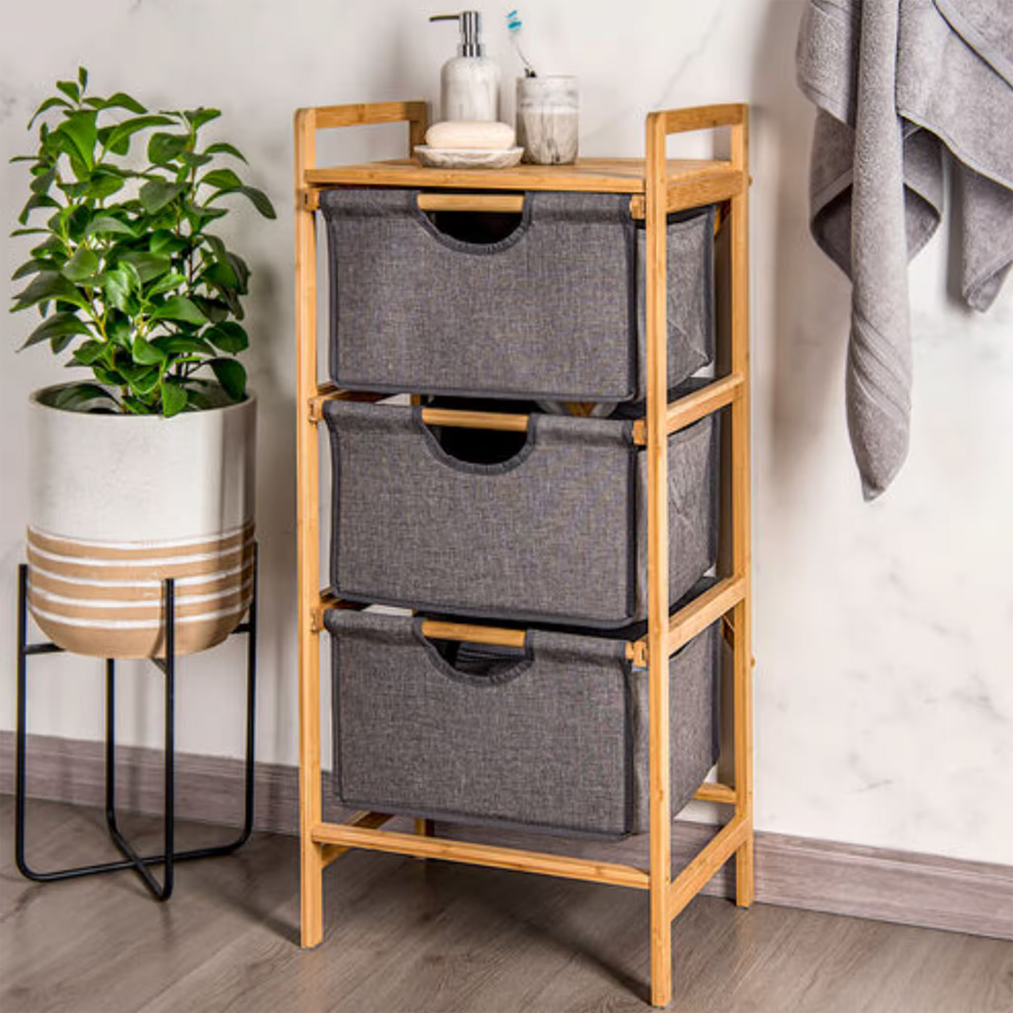 Mueble Organizador Premium en Bambú - 3 Niveles con Cestas Extraíbles y Estante Superior