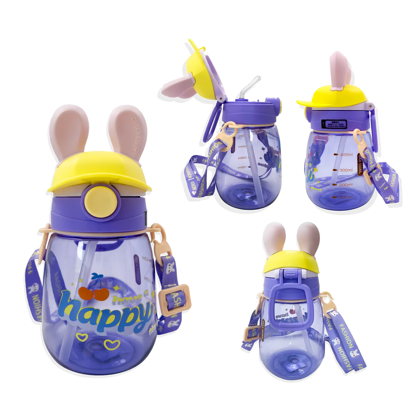 Termo Conejo Happy 550ml con Hélice Giratoria - Pitillo Retráctil y Correa Ajustable