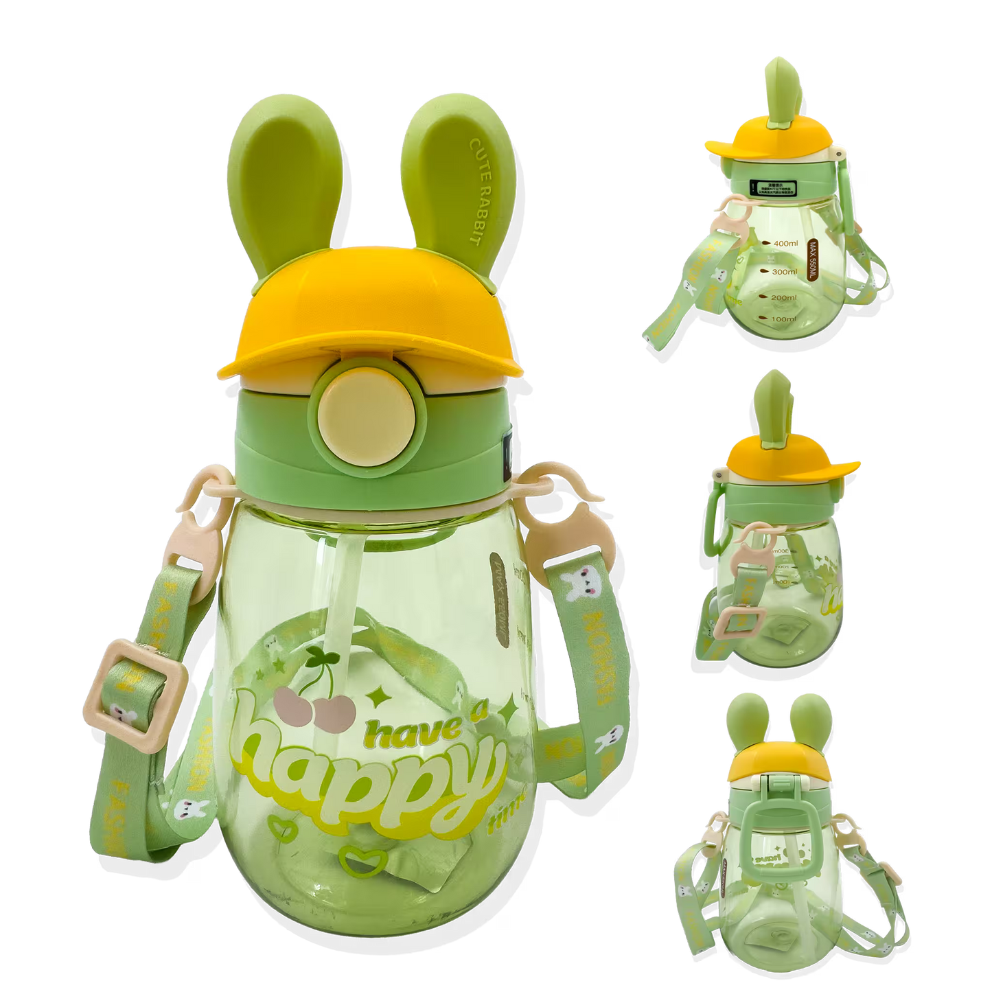 Termo Conejo Happy 550ml con Hélice Giratoria - Pitillo Retráctil y Correa Ajustable