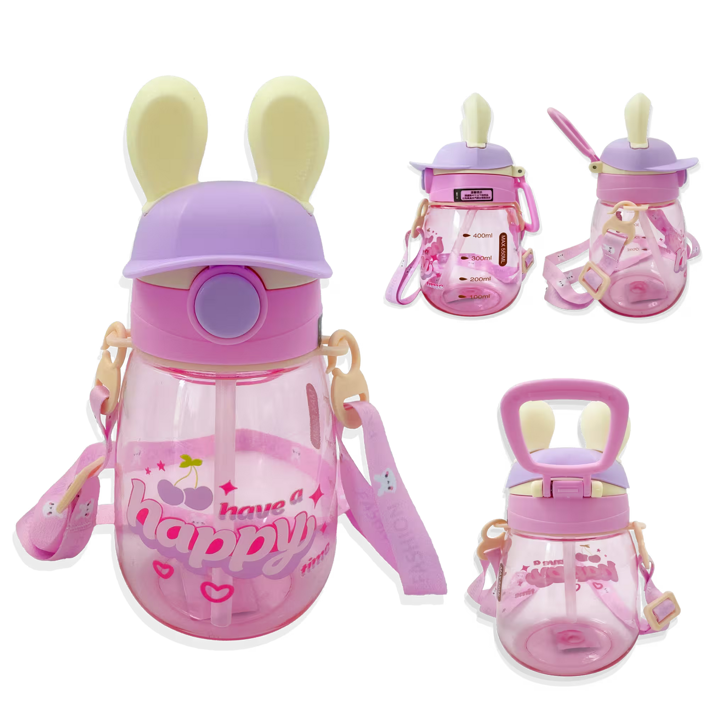 Termo Conejo Happy 550ml con Hélice Giratoria - Pitillo Retráctil y Correa Ajustable