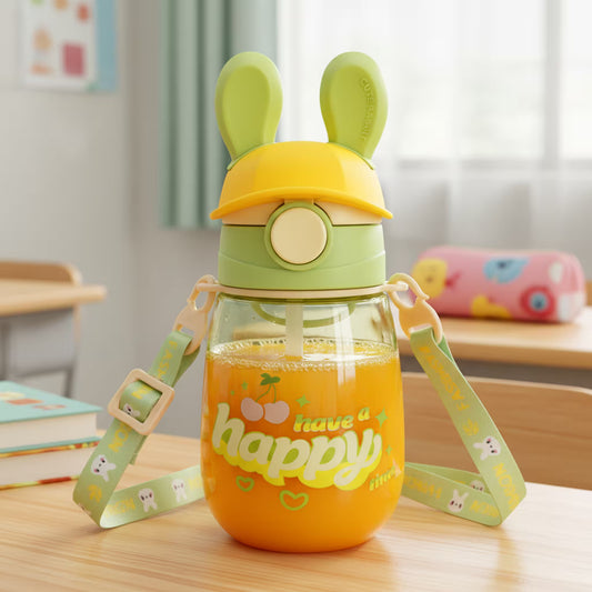 Termo Conejo Happy 550ml con Hélice Giratoria - Pitillo Retráctil y Correa Ajustable