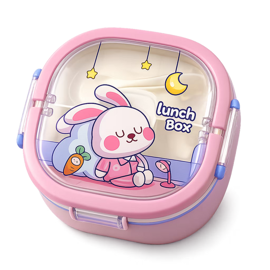 Lonchera Diseño Conejo y Pato en Acrílico - 3 Compartimentos con Cubiertos Incluidos