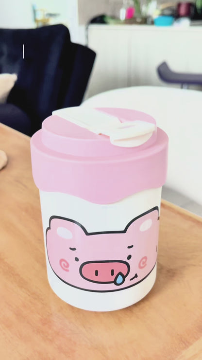 Termo con Diseño de Cerdito 300ml - Doble Función Pitillo y Directo