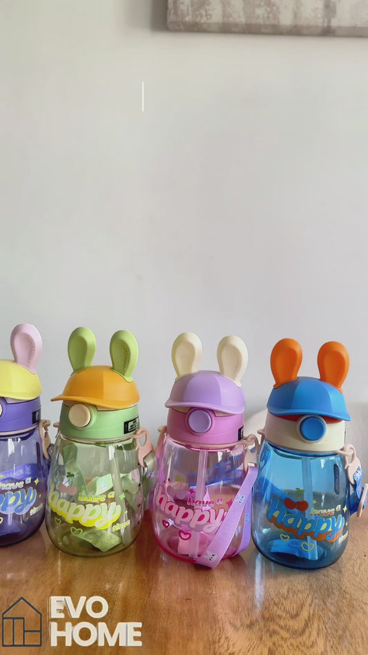 Termo Conejo Happy 550ml con Hélice Giratoria - Pitillo Retráctil y Correa Ajustable