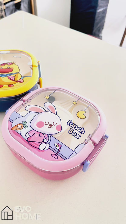 Lonchera Diseño Conejo y Pato en Acrílico - 3 Compartimentos con Cubiertos Incluidos